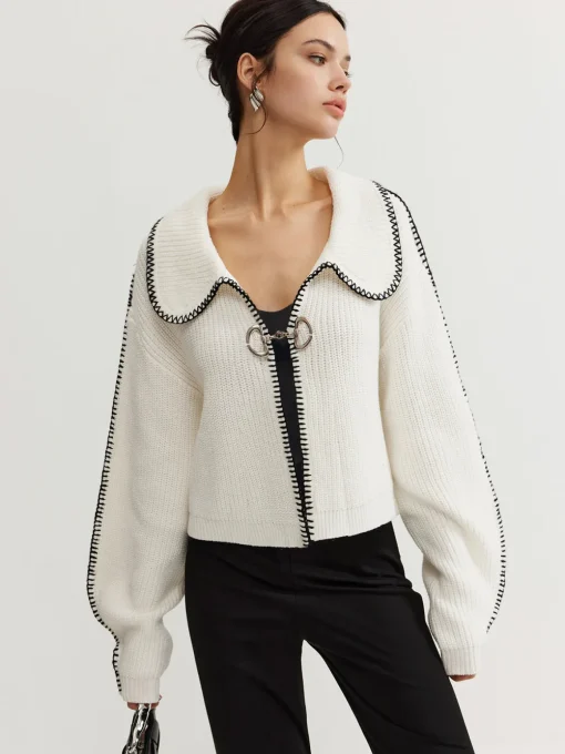 COMMENSE Sweater Tops|Sweaters & Cardigans^Contrast Trim Magnet Closure Knit Top White