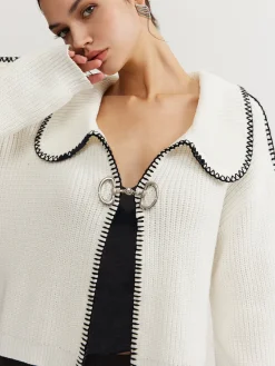 COMMENSE Sweater Tops|Sweaters & Cardigans^Contrast Trim Magnet Closure Knit Top White