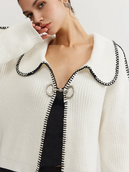 COMMENSE Sweater Tops|Sweaters & Cardigans^Contrast Trim Magnet Closure Knit Top White