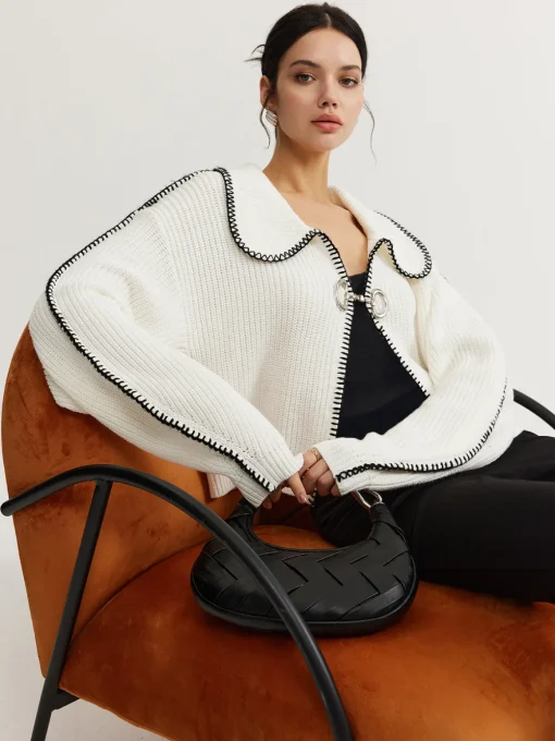 COMMENSE Sweater Tops|Sweaters & Cardigans^Contrast Trim Magnet Closure Knit Top White