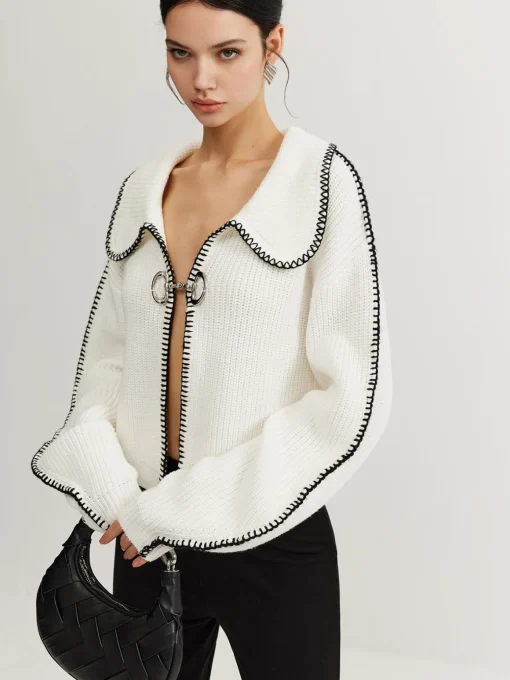 COMMENSE Sweater Tops|Sweaters & Cardigans^Contrast Trim Magnet Closure Knit Top White