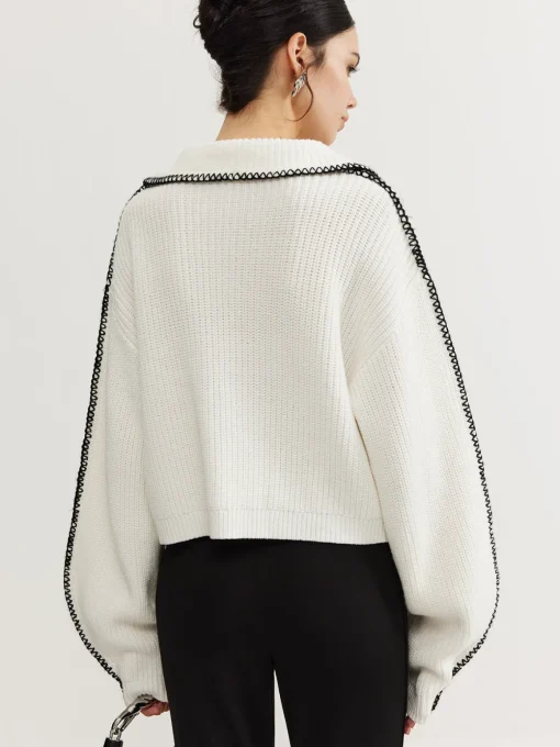 COMMENSE Sweater Tops|Sweaters & Cardigans^Contrast Trim Magnet Closure Knit Top White