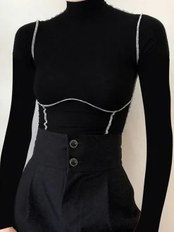 COMMENSE T-shirts|Tops^Contrast Trim Mock Neck Long Sleeve Top Black