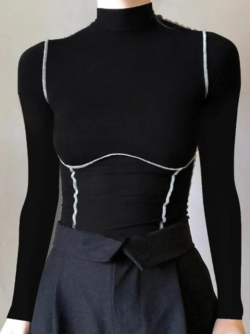 COMMENSE T-shirts|Tops^Contrast Trim Mock Neck Long Sleeve Top Black