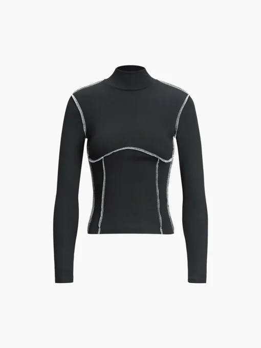 COMMENSE T-shirts|Tops^Contrast Trim Mock Neck Long Sleeve Top Black