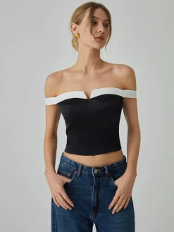 COMMENSE Blouses & Shirts|Tops^Contrast Trim Off-Shoulder Blouse Black