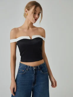 COMMENSE Blouses & Shirts|Tops^Contrast Trim Off-Shoulder Blouse Black