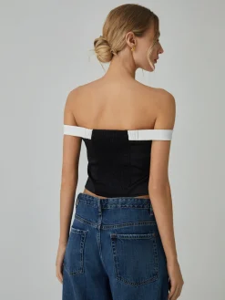 COMMENSE Blouses & Shirts|Tops^Contrast Trim Off-Shoulder Blouse Black