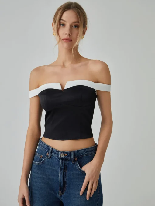 COMMENSE Blouses & Shirts|Tops^Contrast Trim Off-Shoulder Blouse Black