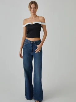 COMMENSE Blouses & Shirts|Tops^Contrast Trim Off-Shoulder Blouse Black