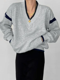 COMMENSE Sweatshirts & Hoodies|Tops^Contrast Trim Oversized Sweatshirt Grey