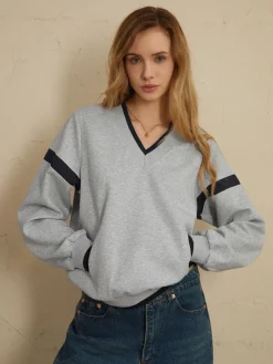 COMMENSE Sweatshirts & Hoodies|Tops^Contrast Trim Oversized Sweatshirt Grey