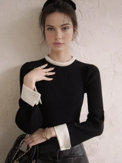 COMMENSE Sweater Tops|Sweaters & Cardigans^Contrast Trim Pearl-Detail Sweater Black
