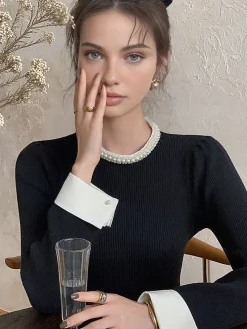 COMMENSE Sweater Tops|Sweaters & Cardigans^Contrast Trim Pearl-Detail Sweater Black