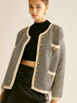COMMENSE Sweater Tops|Outerwear^Contrast Trim Pockets Knit Outerwear BlackandWhite
