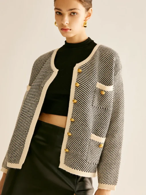 COMMENSE Sweater Tops|Outerwear^Contrast Trim Pockets Knit Outerwear BlackandWhite