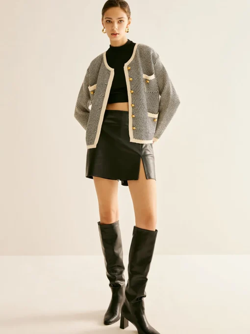 COMMENSE Sweater Tops|Outerwear^Contrast Trim Pockets Knit Outerwear BlackandWhite