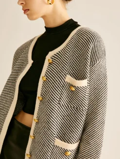 COMMENSE Sweater Tops|Outerwear^Contrast Trim Pockets Knit Outerwear BlackandWhite