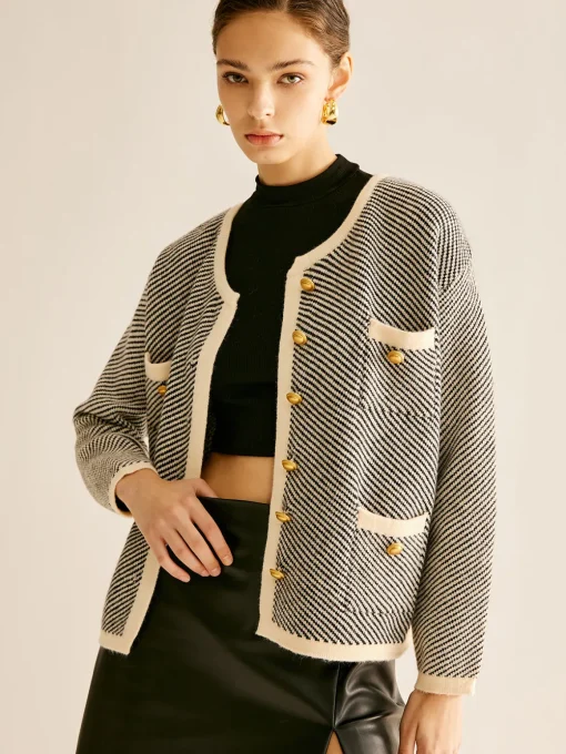 COMMENSE Sweater Tops|Outerwear^Contrast Trim Pockets Knit Outerwear BlackandWhite