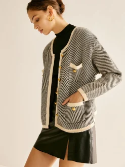 COMMENSE Sweater Tops|Outerwear^Contrast Trim Pockets Knit Outerwear BlackandWhite