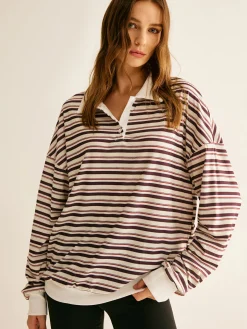 COMMENSE Sweatshirts & Hoodies|Tops^Contrast Trim Striped Polo Sweatshirt Multicolor