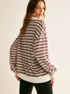 COMMENSE Sweatshirts & Hoodies|Tops^Contrast Trim Striped Polo Sweatshirt Multicolor