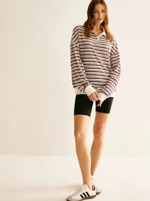 COMMENSE Sweatshirts & Hoodies|Tops^Contrast Trim Striped Polo Sweatshirt Multicolor