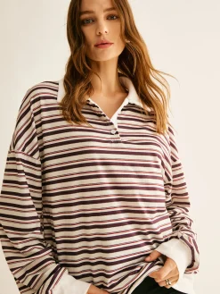COMMENSE Sweatshirts & Hoodies|Tops^Contrast Trim Striped Polo Sweatshirt Multicolor
