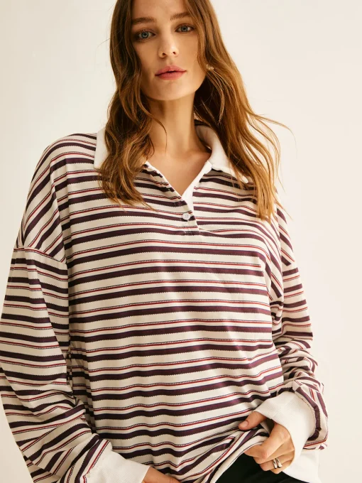 COMMENSE Sweatshirts & Hoodies|Tops^Contrast Trim Striped Polo Sweatshirt Multicolor