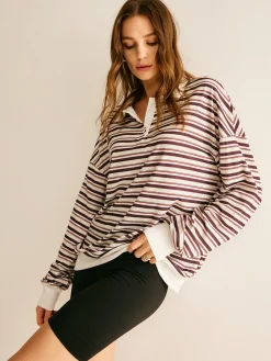 COMMENSE Sweatshirts & Hoodies|Tops^Contrast Trim Striped Polo Sweatshirt Multicolor