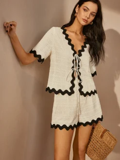 COMMENSE Shorts Sets|Shorts^Contrast Trim V-Neck Shorts Set White