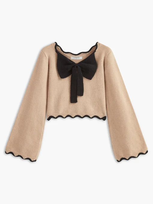 COMMENSE Sweater Tops|Sweaters & Cardigans^Contrast Wave Trim Bow Sweater Khaki