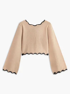 COMMENSE Sweater Tops|Sweaters & Cardigans^Contrast Wave Trim Bow Sweater Khaki
