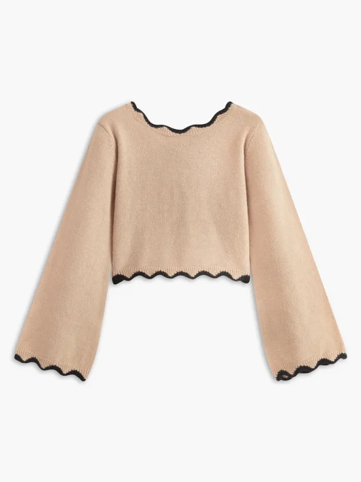 COMMENSE Sweater Tops|Sweaters & Cardigans^Contrast Wave Trim Bow Sweater Khaki