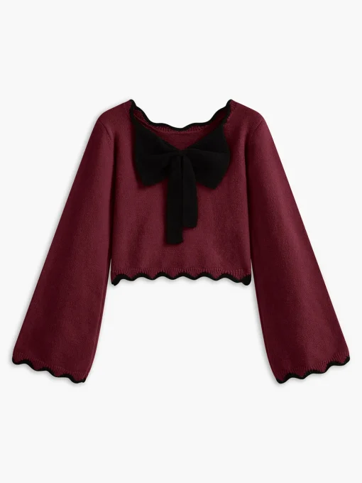 COMMENSE Sweater Tops|Sweaters & Cardigans^Contrast Wave Trim Bow Sweater Khaki