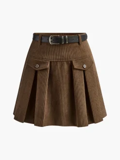 COMMENSE Skirts|Bottoms^Corduroy Pleated Skirt With Belt LightBrown