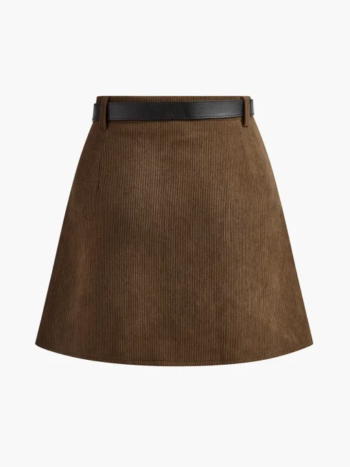 COMMENSE Skirts|Bottoms^Corduroy Pleated Skirt With Belt LightBrown