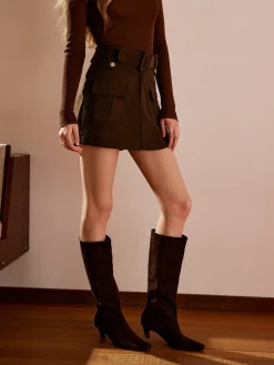 COMMENSE Skirts|Bottoms^Corduroy Pockets Belted Skort DarkBrown