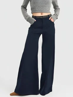 COMMENSE Pants^Corduroy Wide-Leg Pants Without Belt Navy