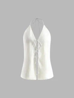 COMMENSE Shorts Sets|Shorts^Cotton & Linen Backless Halter Top With Shorts Set White