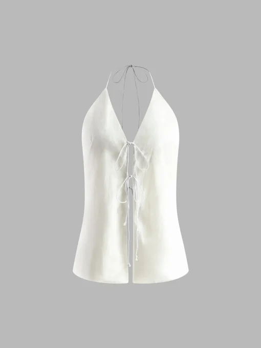COMMENSE Shorts Sets|Shorts^Cotton & Linen Backless Halter Top With Shorts Set White
