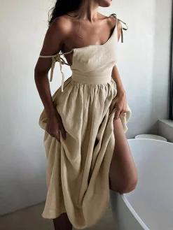 COMMENSE Casual Dresses|Summer Dresses^Cotton & Linen Backless Long Dress Apricot