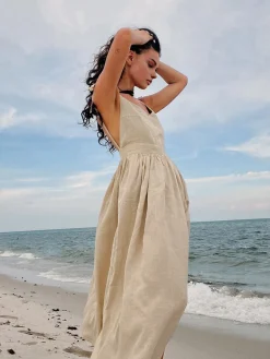 COMMENSE Casual Dresses|Summer Dresses^Cotton & Linen Backless Long Dress Apricot