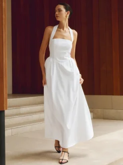 COMMENSE White Dresses|Black Dresses^Cotton & Linen Halter A Line Long Dress White