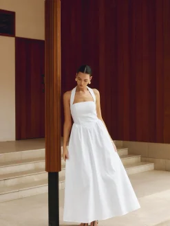 COMMENSE White Dresses|Black Dresses^Cotton & Linen Halter A Line Long Dress White