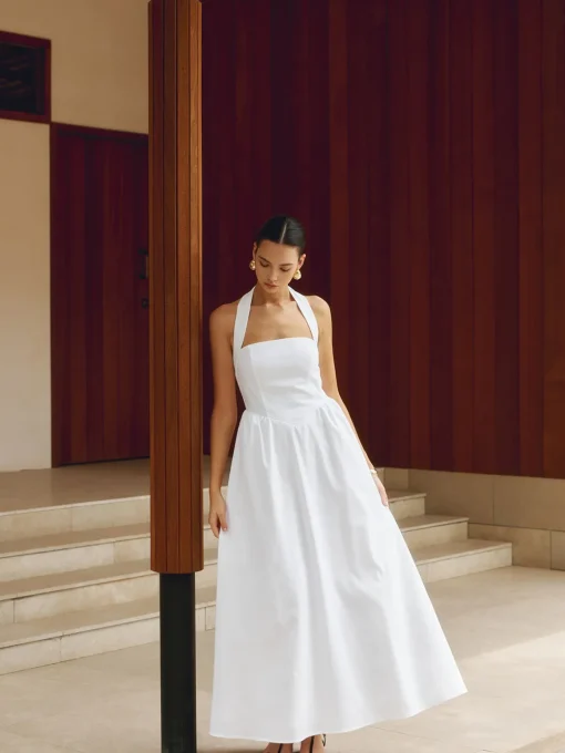 COMMENSE White Dresses|Black Dresses^Cotton & Linen Halter A Line Long Dress White