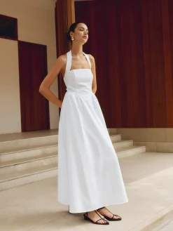 COMMENSE White Dresses|Black Dresses^Cotton & Linen Halter A Line Long Dress White