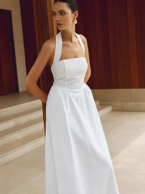 COMMENSE White Dresses|Black Dresses^Cotton & Linen Halter A Line Long Dress White