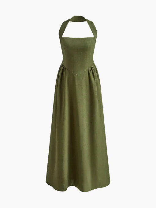 COMMENSE White Dresses|Black Dresses^Cotton & Linen Halter A Line Long Dress White