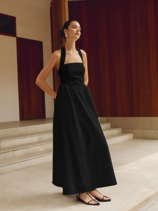 COMMENSE White Dresses|Black Dresses^Cotton & Linen Halter A Line Long Dress White